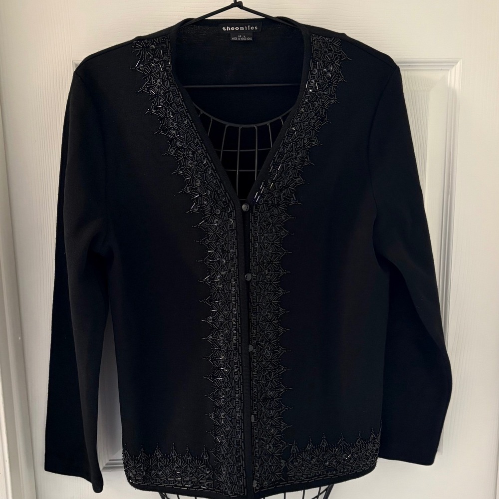 Theo Miles Black Beaded Embellished Button Front Cardigan Women's Large
